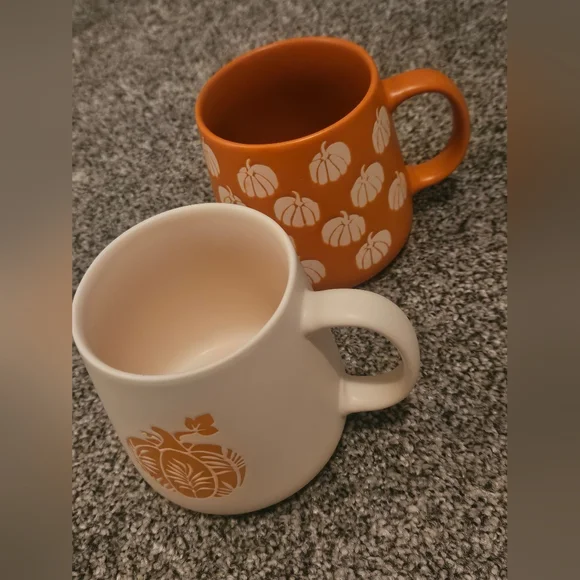 Pumpkin Themed Ceramic Mug Set Orange and Cream - Picture 1 of 3